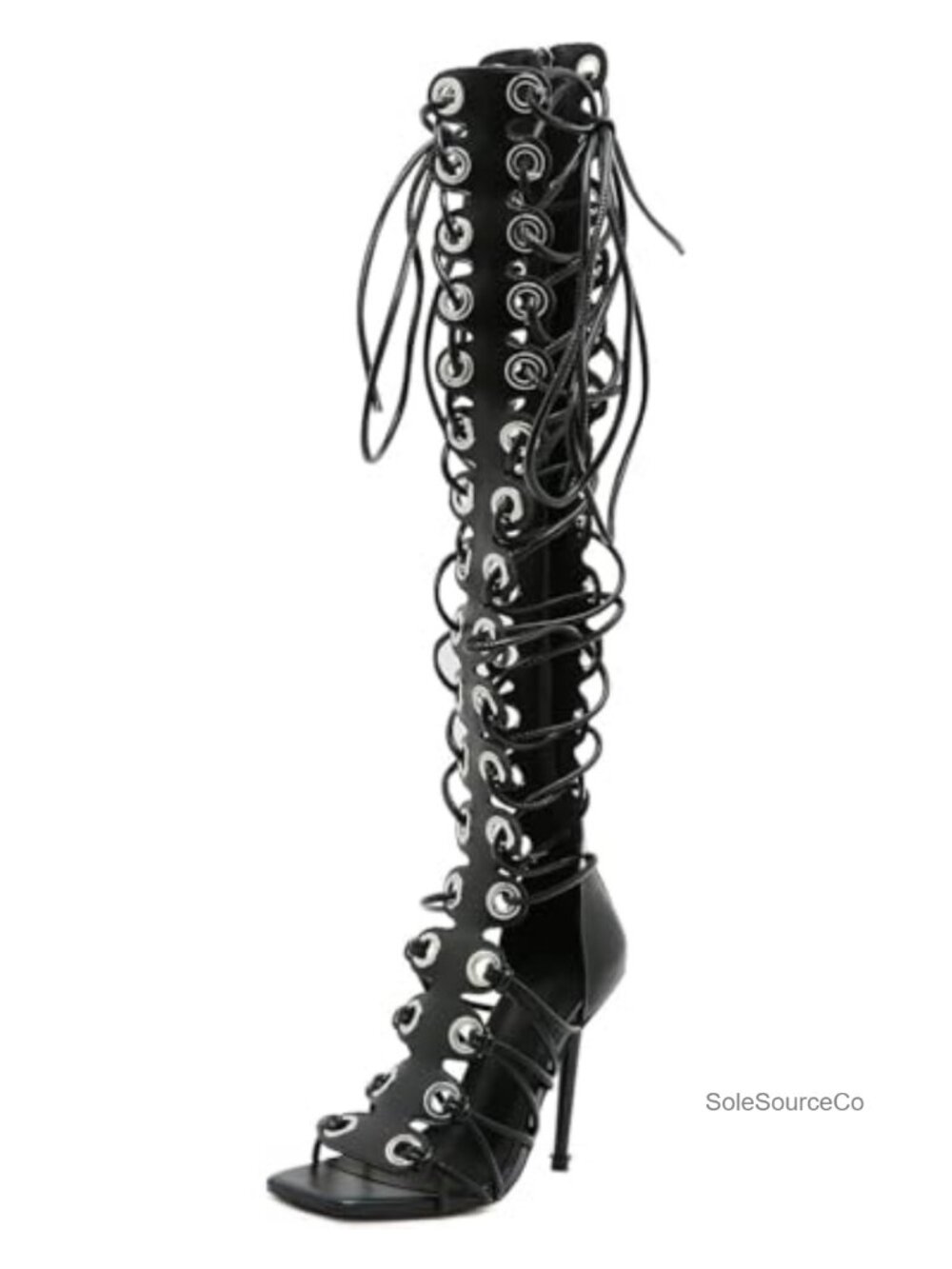 Faux Leather Heeled Gladiator Sandals Peep Toe Lace Up Zipper High Heels
